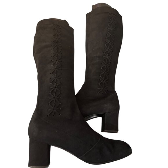 Crown Europa Navy Knee-High Suede Boots With Embroidered Detail Block Heel - Picture 5 of 12
